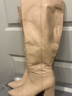 Leather Knee-High Block Heel Boots in Beige- Wide Calf